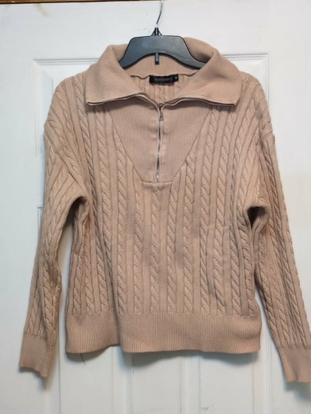 Merokeety Sz M Sweater Beige Quarter Zip Collar Cable Knit Country Cottage Rusti